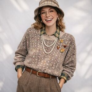 Multicolored Crew Neck Sweater Vintage 80's Cozy Preppy Granny Chic